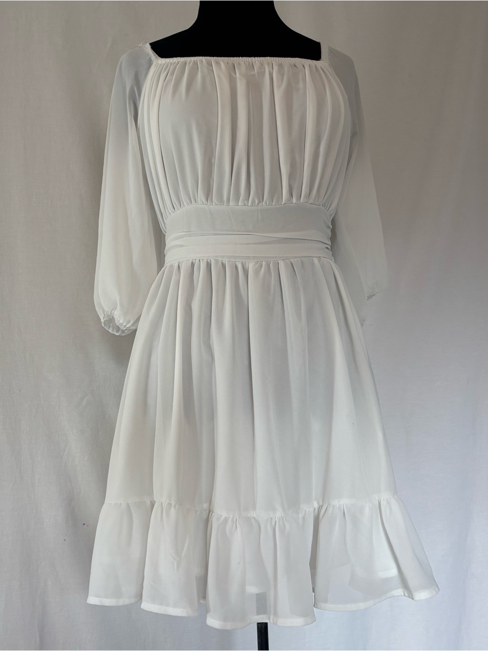 White Coquette Cottagecore Chiffon Bridal Puff Sleeve Tie Back Mini Dress S